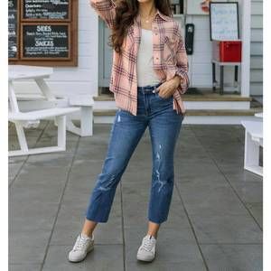 NEW GRACE AND LACE spring dune plaid button up in pink, purple, and tan
